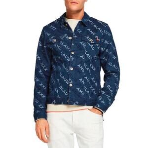 Scotch & Soda Mens Trucker Jacket Amsterdam Blauw Jacquard Logo Indigo Size M